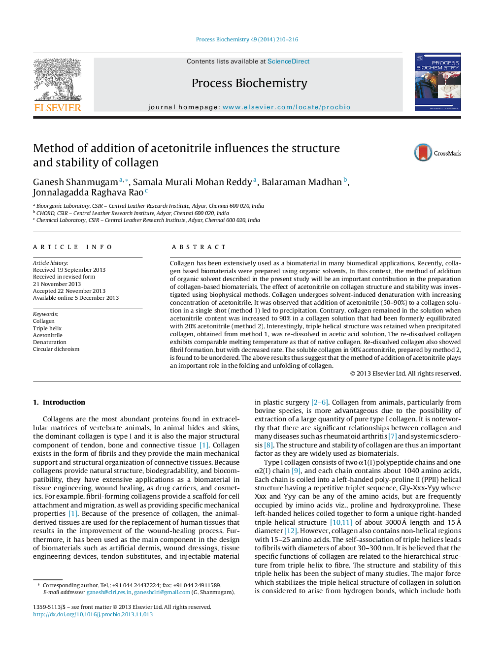 Method of addition of acetonitrile influences the structure and stability of collagen