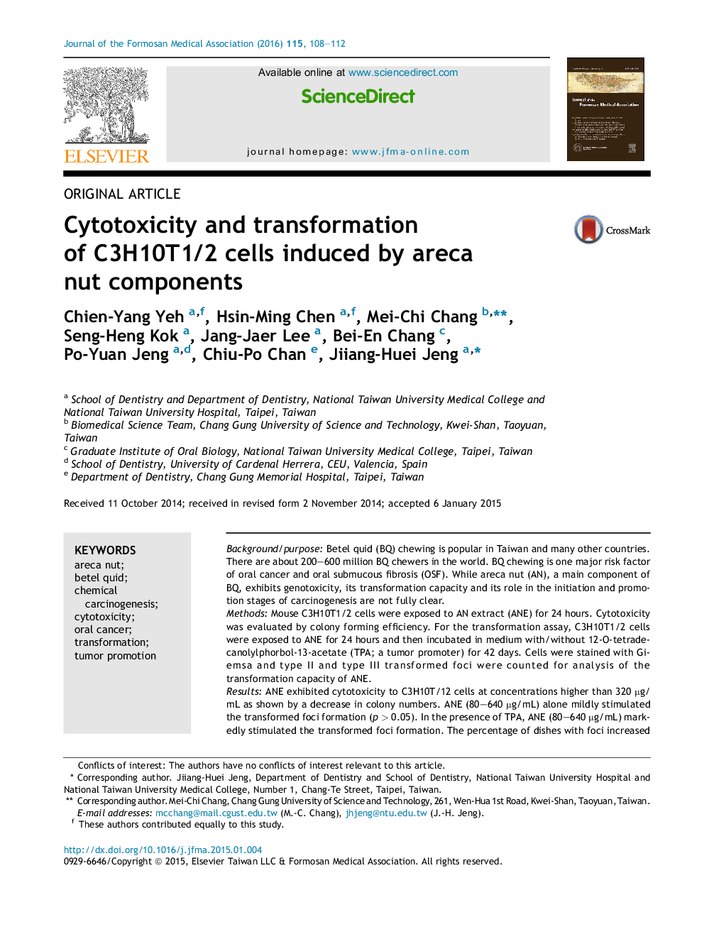 Cytotoxicity and transformation of C3H10T1/2 cells induced by areca nut components 