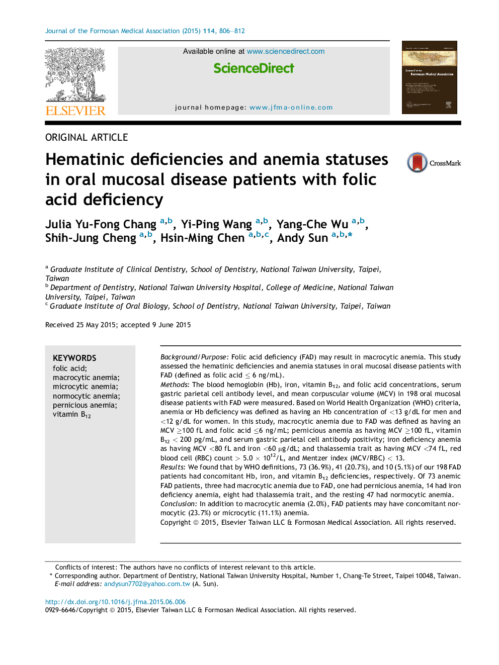 Hematinic deficiencies and anemia statuses in oral mucosal disease patients with folic acid deficiency 