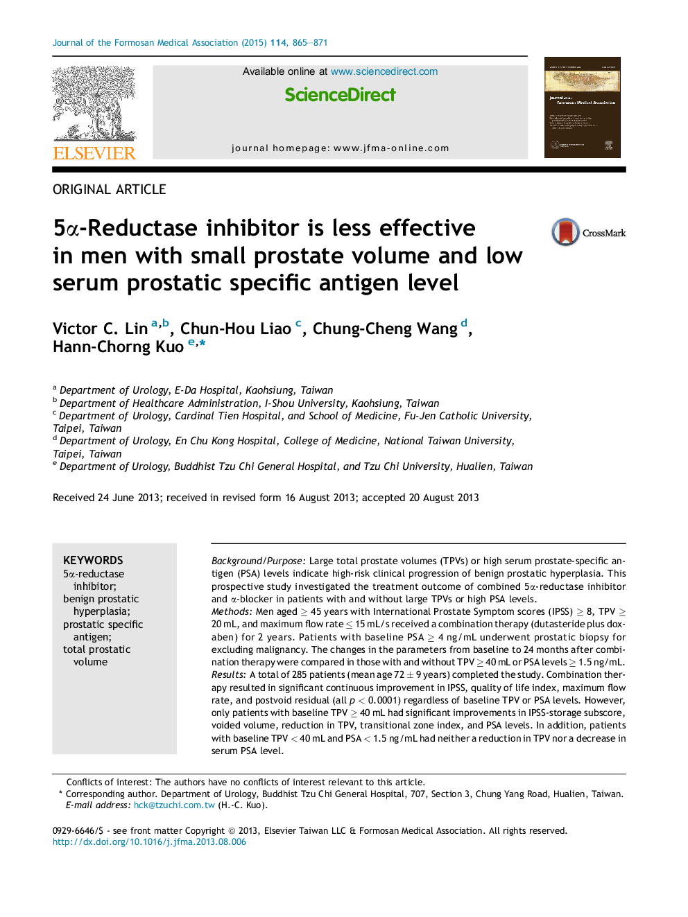 5α-Reductase inhibitor is less effective in men with small prostate volume and low serum prostatic specific antigen level 