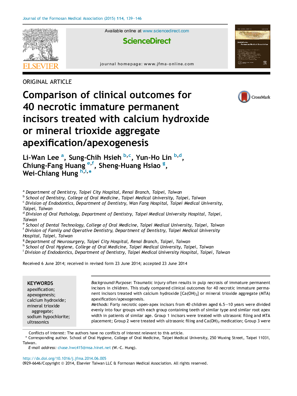 Comparison of clinical outcomes for 40 necrotic immature permanent incisors treated with calcium hydroxide or mineral trioxide aggregate apexification/apexogenesis 