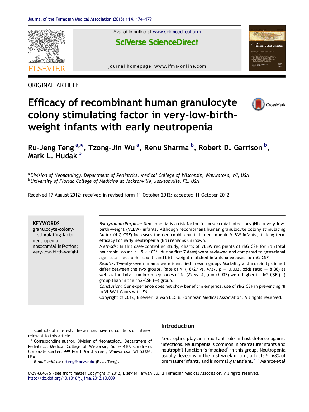 Efficacy of recombinant human granulocyte colony stimulating factor in very-low-birth-weight infants with early neutropenia 