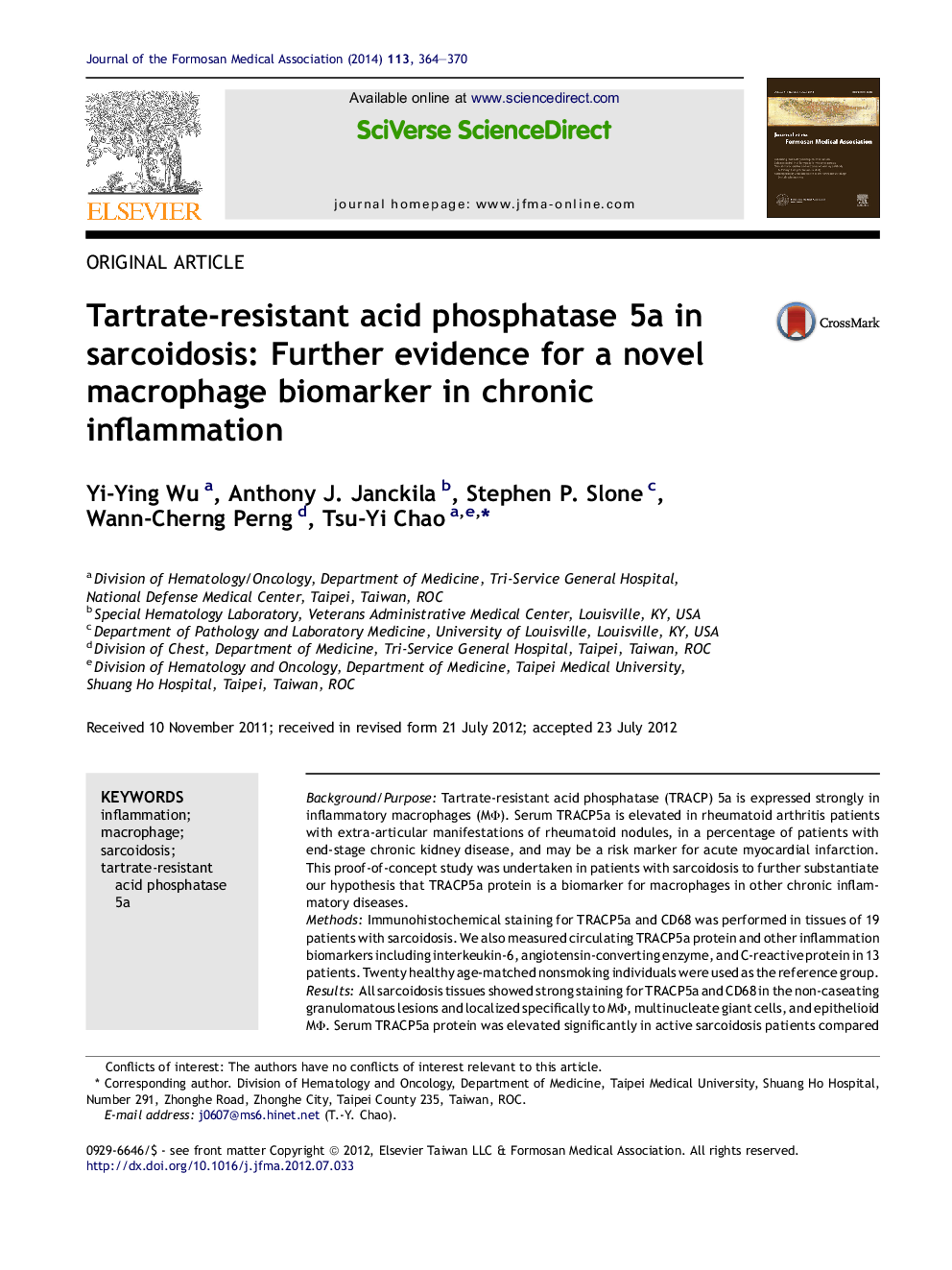 Tartrate-resistant acid phosphatase 5a in sarcoidosis: Further evidence for a novel macrophage biomarker in chronic inflammation 