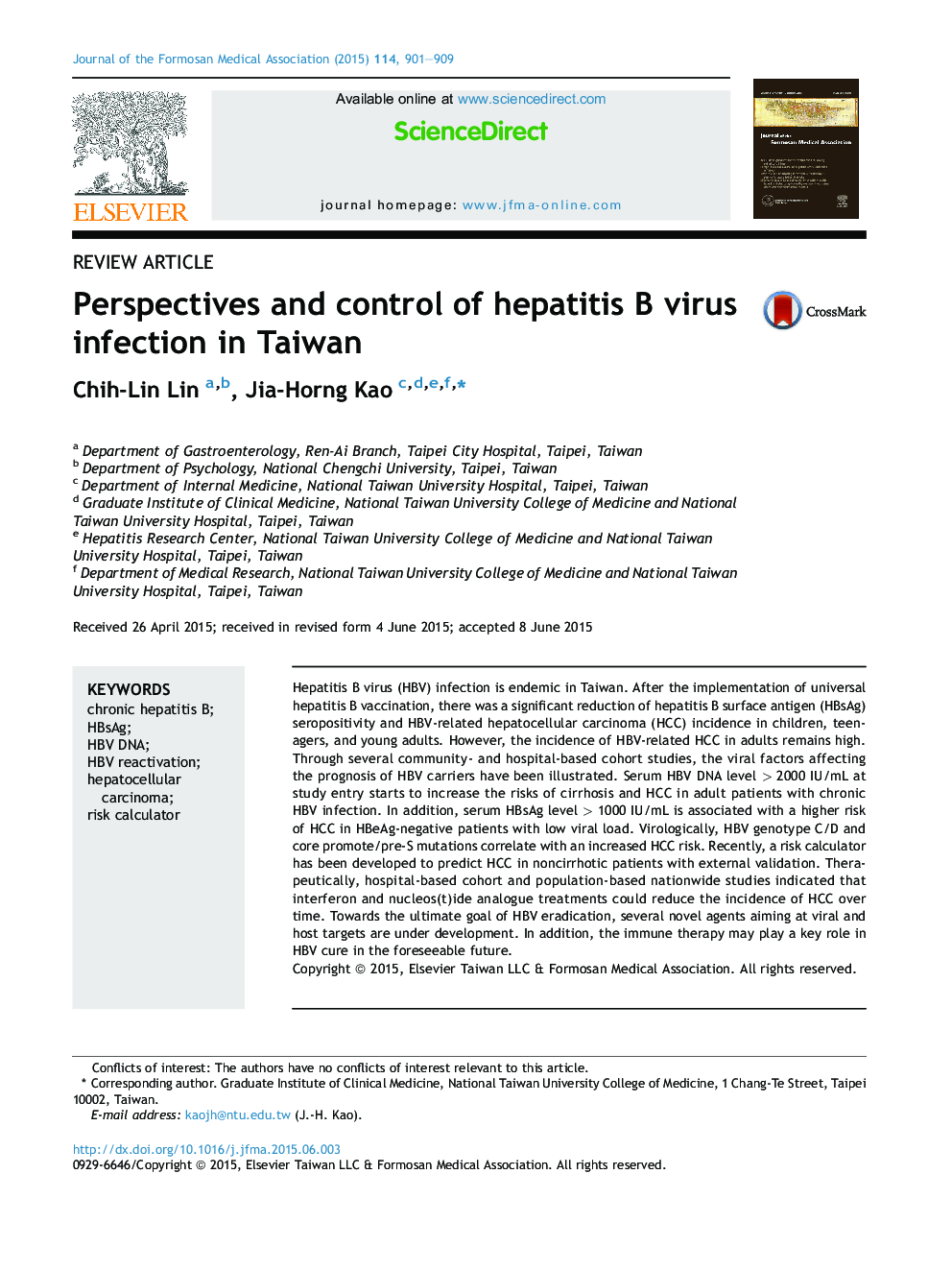 Perspectives and control of hepatitis B virus infection in Taiwan 