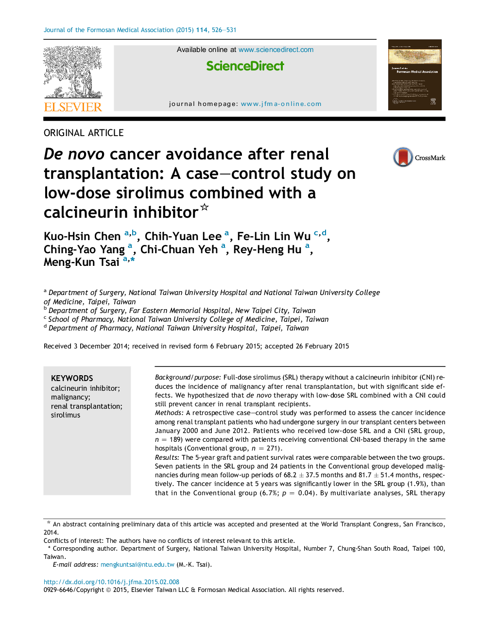 De novo cancer avoidance after renal transplantation: A case–control study on low-dose sirolimus combined with a calcineurin inhibitor 