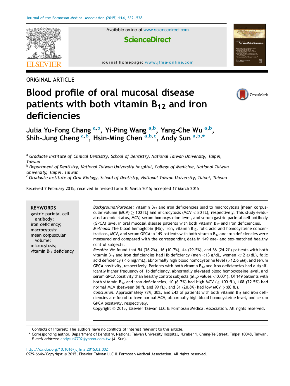 Blood profile of oral mucosal disease patients with both vitamin B12 and iron deficiencies 