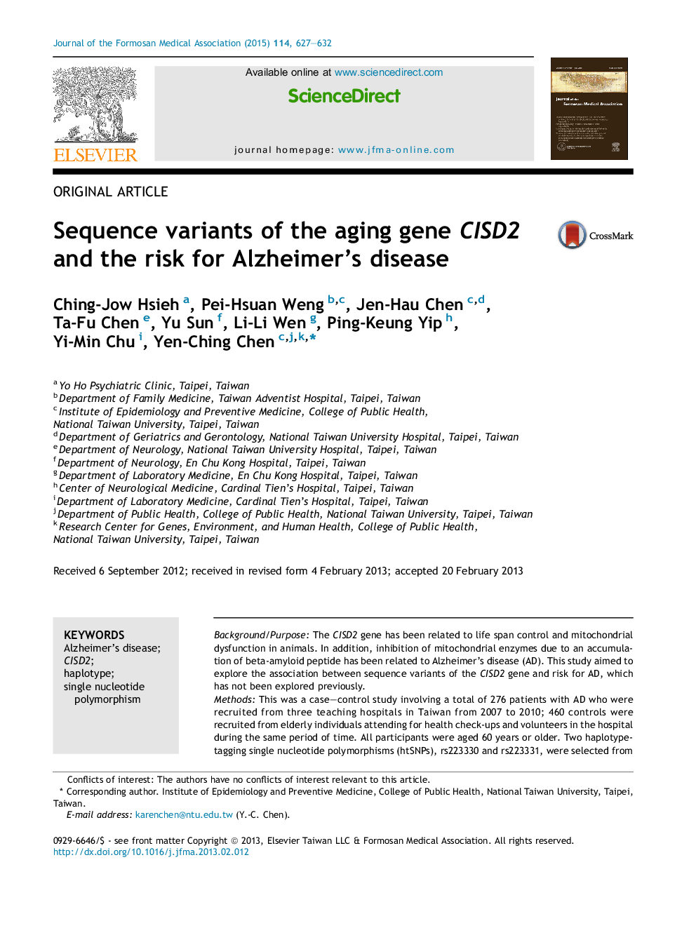 عکس صفحه اول مقاله: Sequence variants of the aging gene CISD2 and the risk for Alzheimer's disease Sequence variants of the aging gene CISD2 and the risk for Alzheimer's disease
