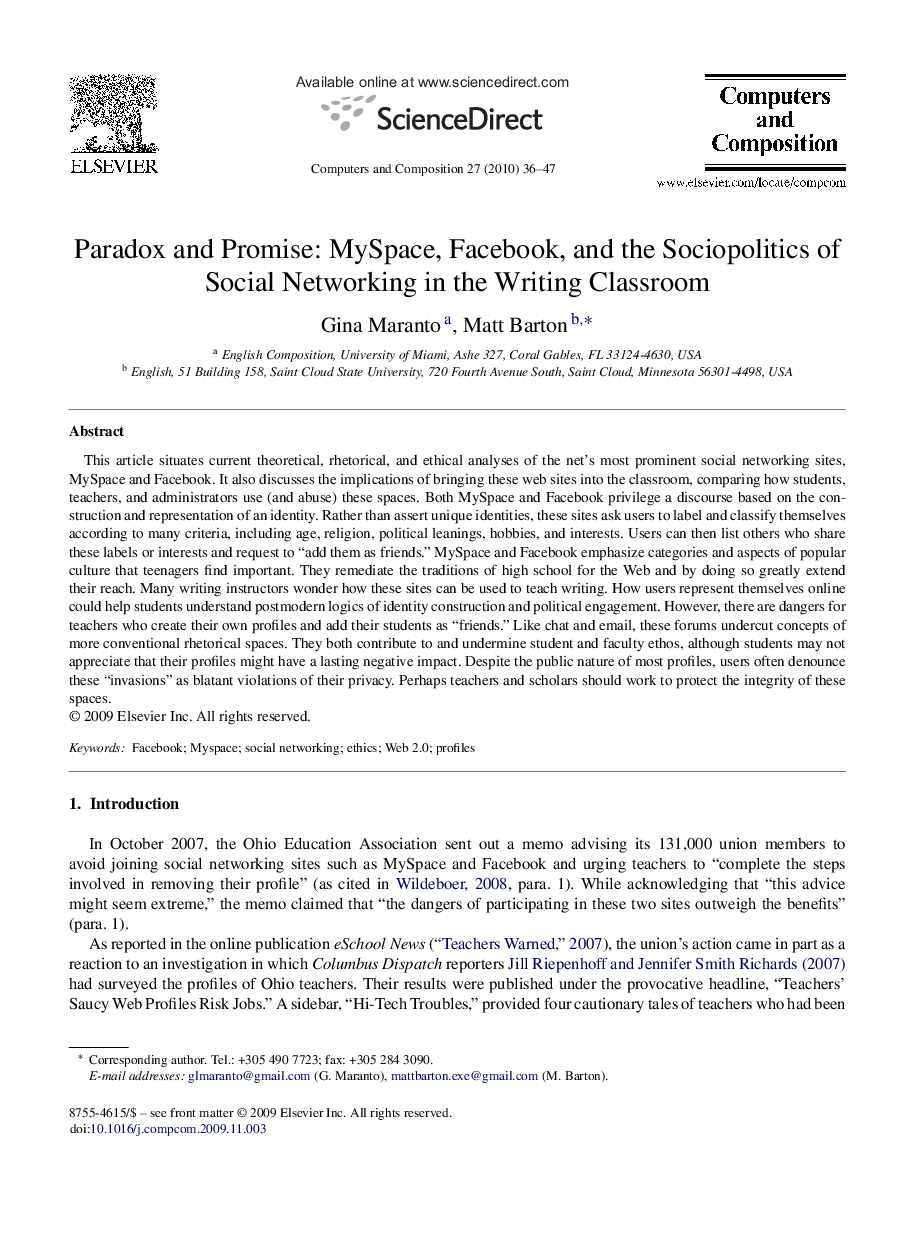 Paradox and Promise: MySpace, Facebook, and the Sociopolitics of Social Networking in the Writing Classroom