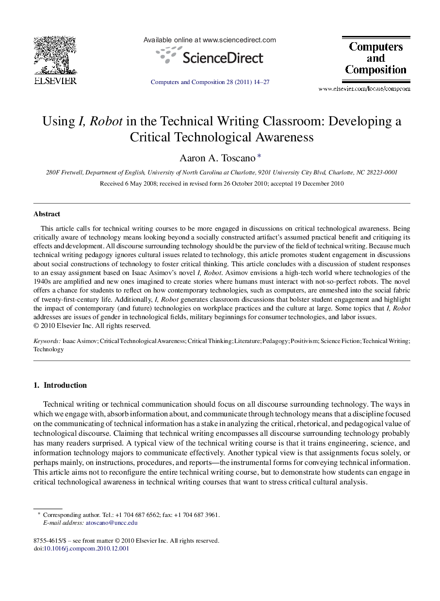 Using I, Robot in the Technical Writing Classroom: Developing a Critical Technological Awareness