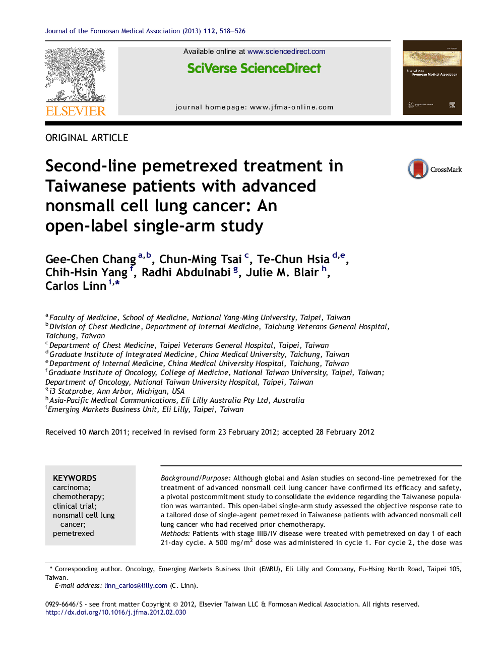 Second-line pemetrexed treatment in Taiwanese patients with advanced nonsmall cell lung cancer: An open-label single-arm study