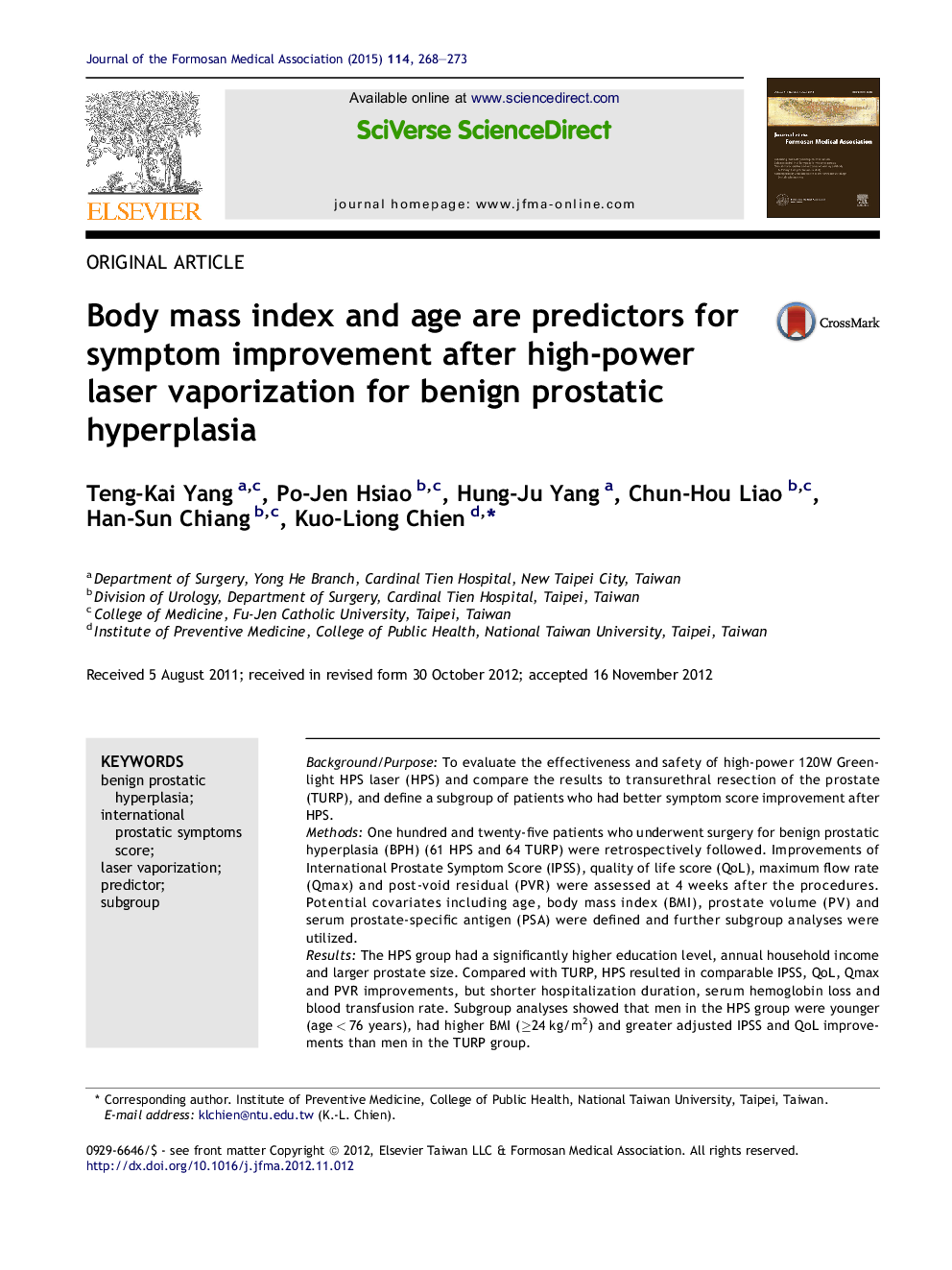 Body mass index and age are predictors for symptom improvement after high-power laser vaporization for benign prostatic hyperplasia