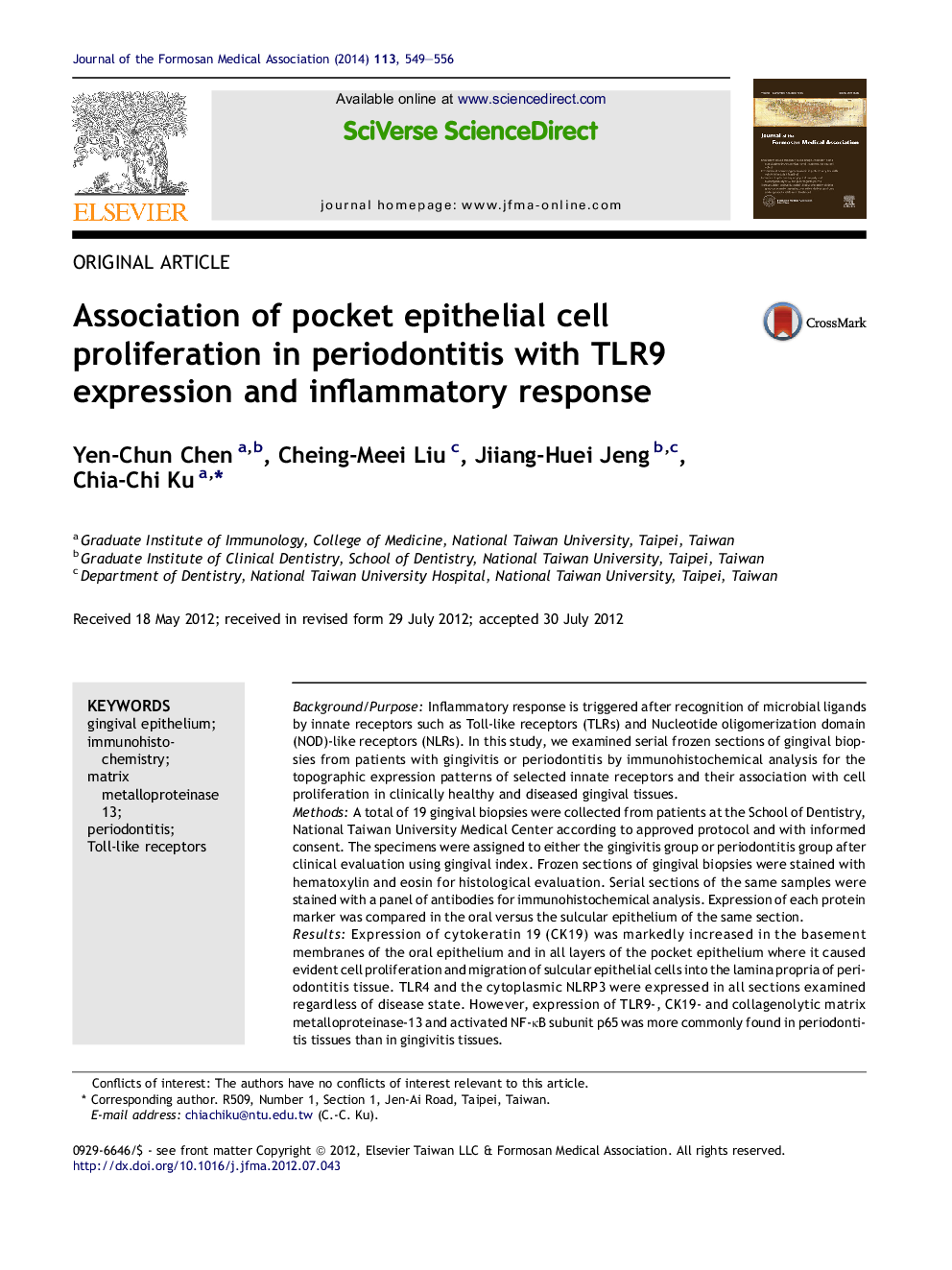 Association of pocket epithelial cell proliferation in periodontitis with TLR9 expression and inflammatory response 