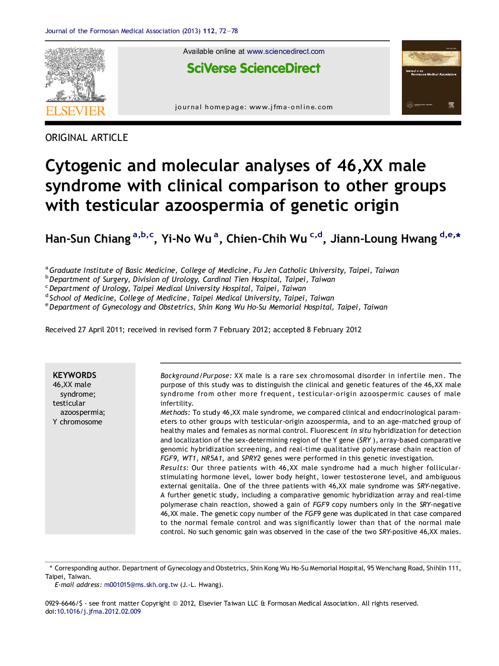 Cytogenic and molecular analyses of 46,XX male syndrome with clinical comparison to other groups with testicular azoospermia of genetic origin