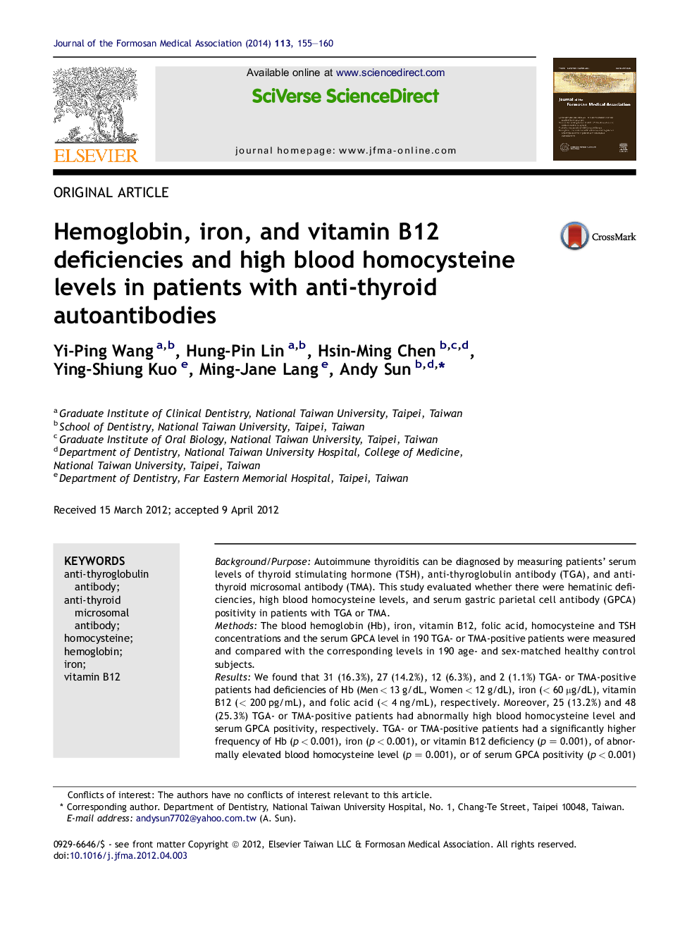 Hemoglobin, iron, and vitamin B12 deficiencies and high blood homocysteine levels in patients with anti-thyroid autoantibodies 