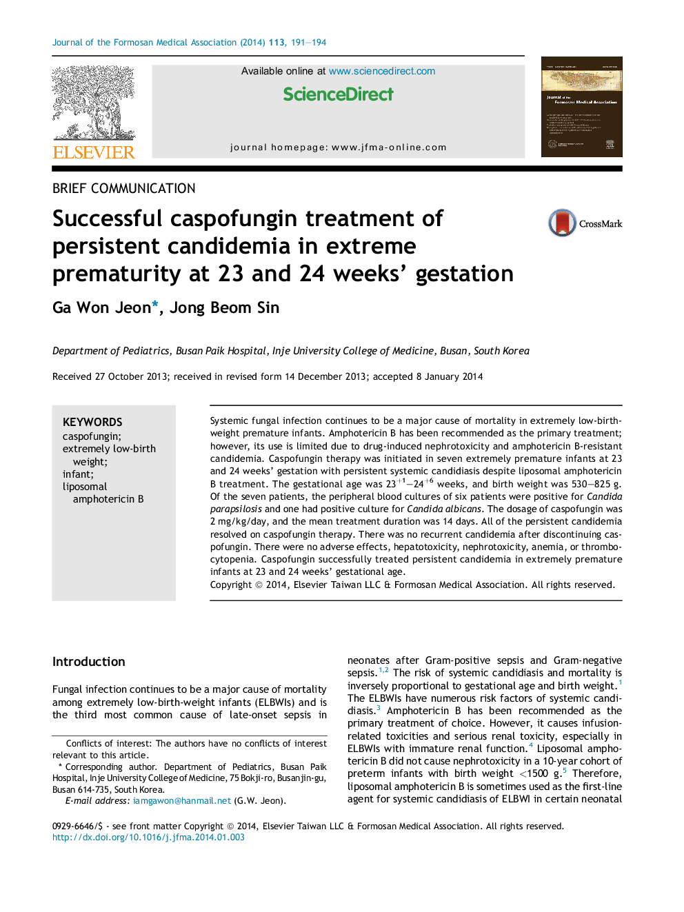 درمان کاسپوفونگین موفق به درمان کاندیدای ماندگار در دوران بارداری شدید در بارداری 23 و 24 هفته ای است 