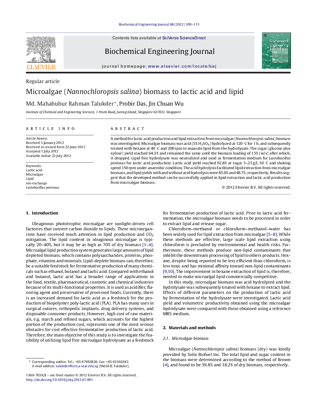 Microalgae (Nannochloropsis salina) biomass to lactic acid and lipid