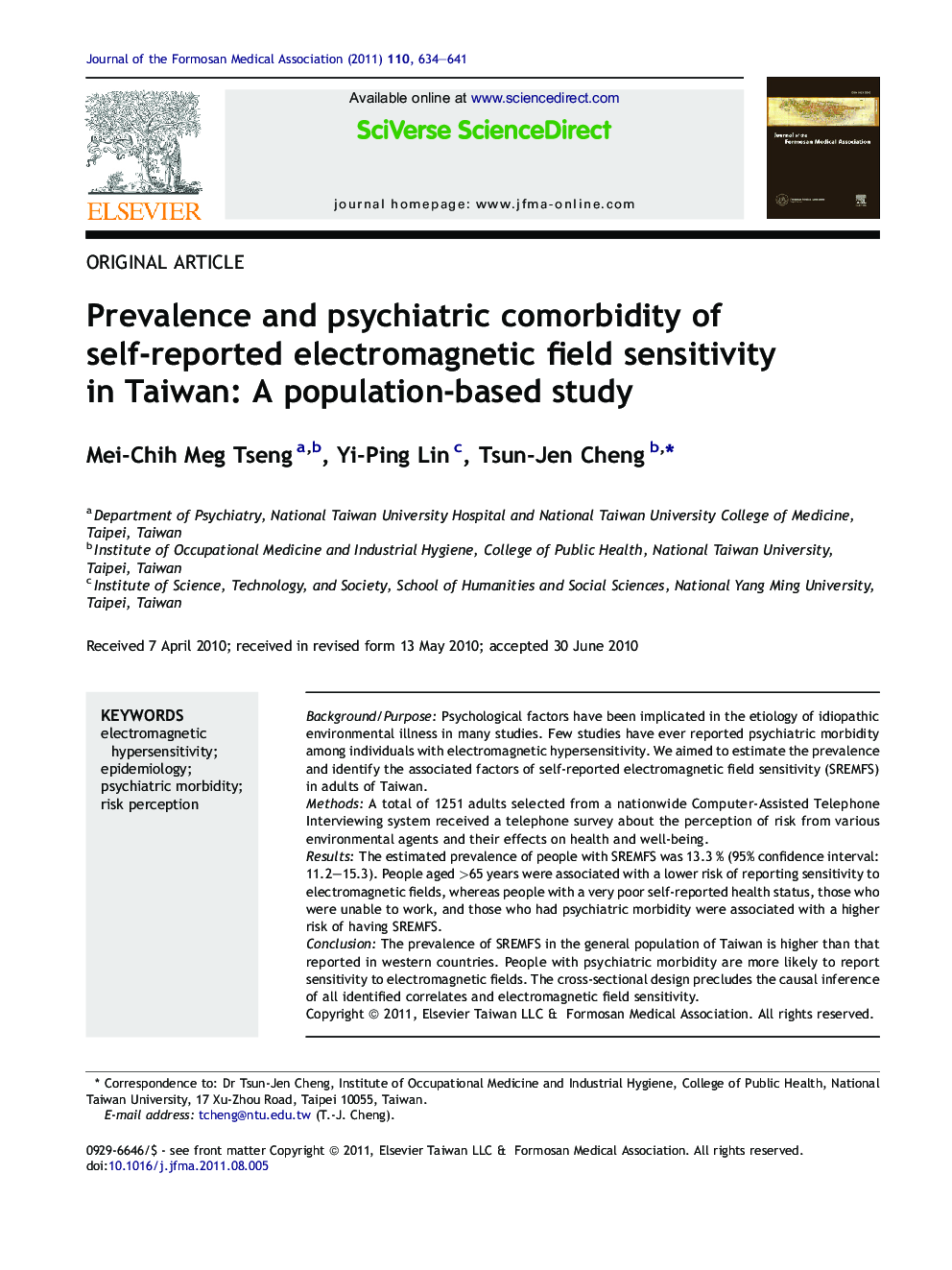 Prevalence and psychiatric comorbidity of self-reported electromagnetic field sensitivity in Taiwan: A population-based study