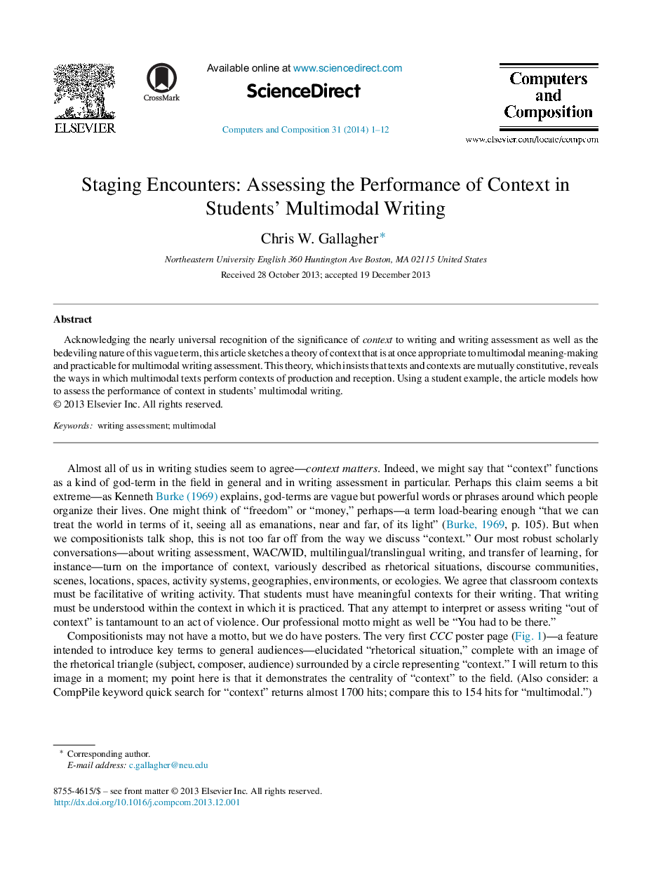 Staging Encounters: Assessing the Performance of Context in Students’ Multimodal Writing