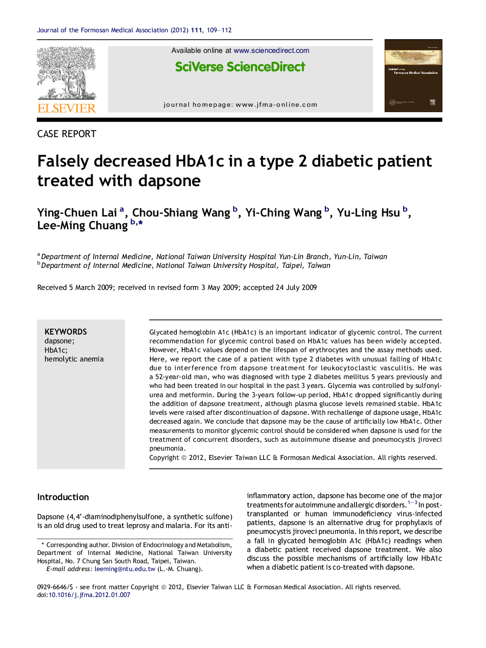 Falsely decreased HbA1c in a type 2 diabetic patient treated with dapsone