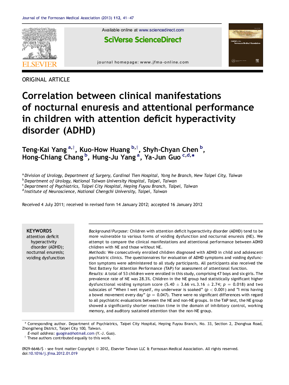 Correlation between clinical manifestations of nocturnal enuresis and attentional performance in children with attention deficit hyperactivity disorder (ADHD)