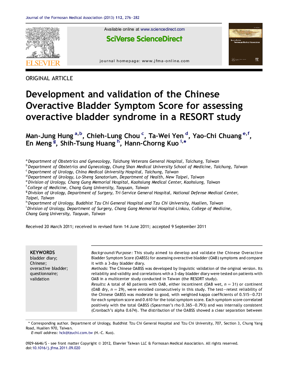 Development and validation of the Chinese Overactive Bladder Symptom Score for assessing overactive bladder syndrome in a RESORT study