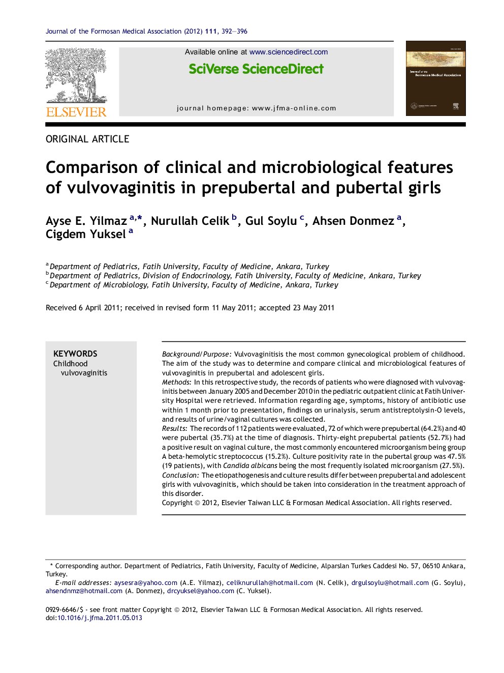 Comparison of clinical and microbiological features of vulvovaginitis in prepubertal and pubertal girls