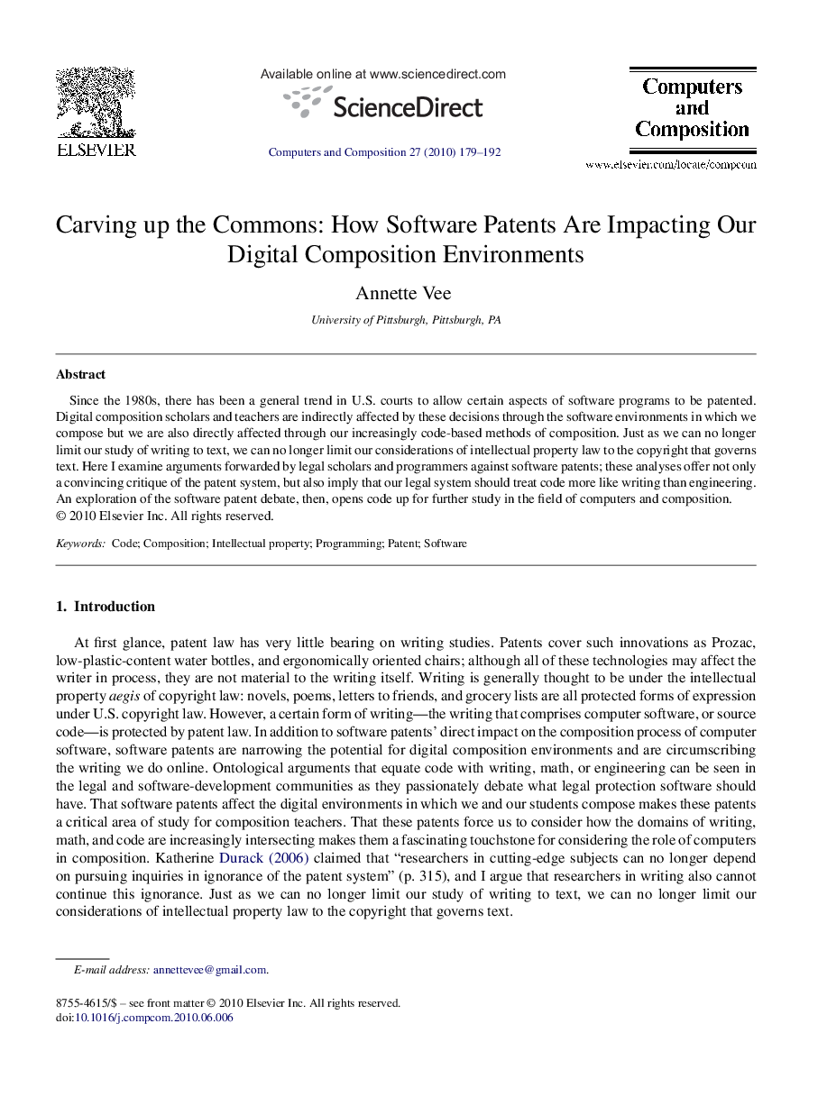 Carving up the Commons: How Software Patents Are Impacting Our Digital Composition Environments