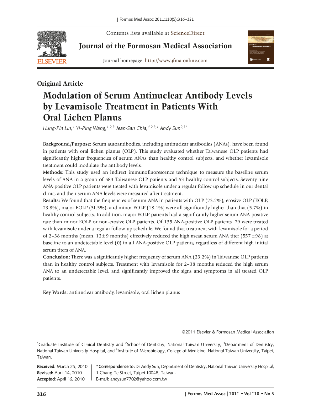 Modulation of Serum Antinuclear Antibody Levels by Levamisole Treatment in Patients With Oral Lichen Planus