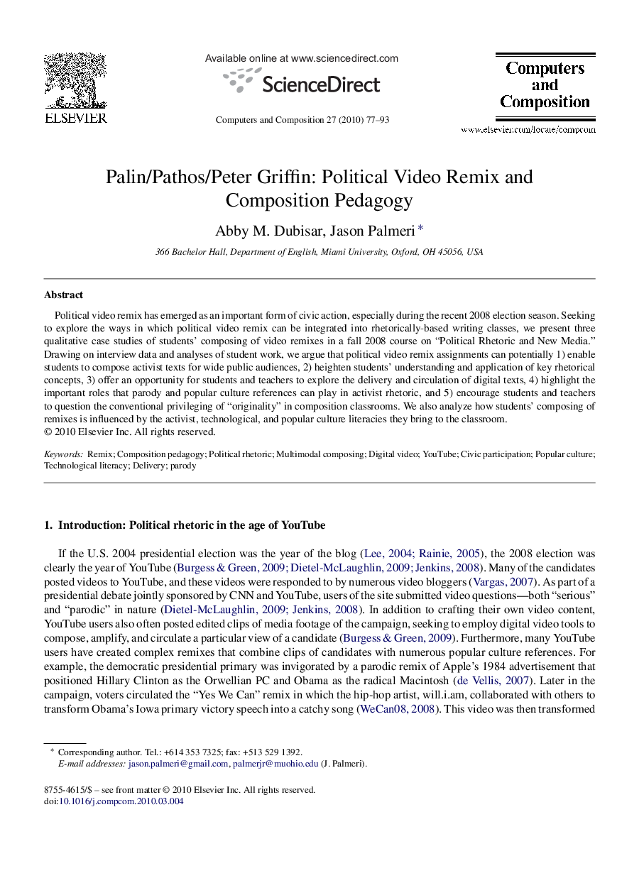 Palin/Pathos/Peter Griffin: Political Video Remix and Composition Pedagogy