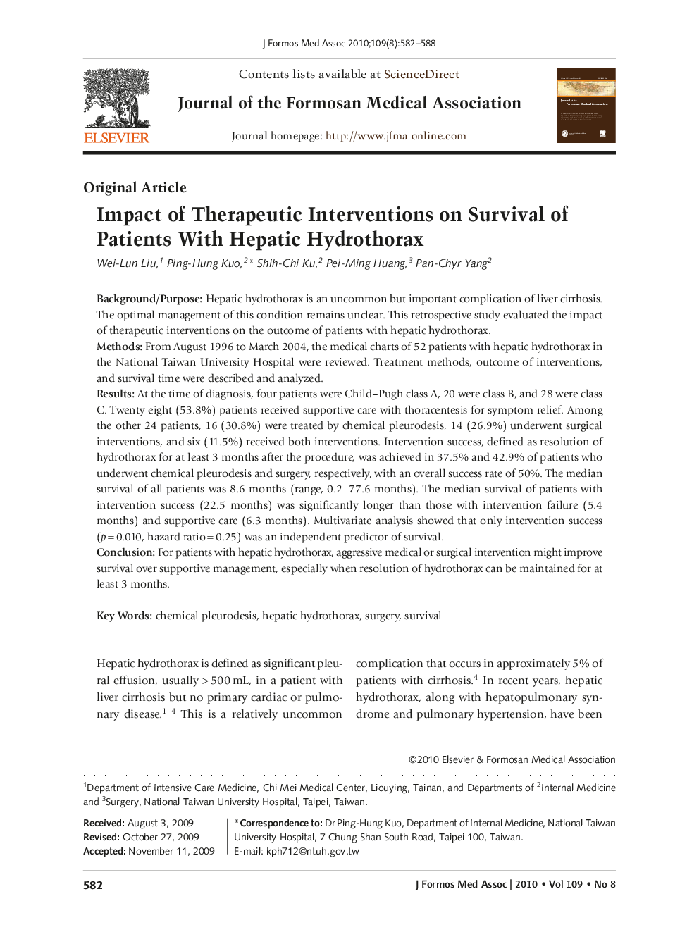 Impact of Therapeutic Interventions on Survival of Patients With Hepatic Hydrothorax