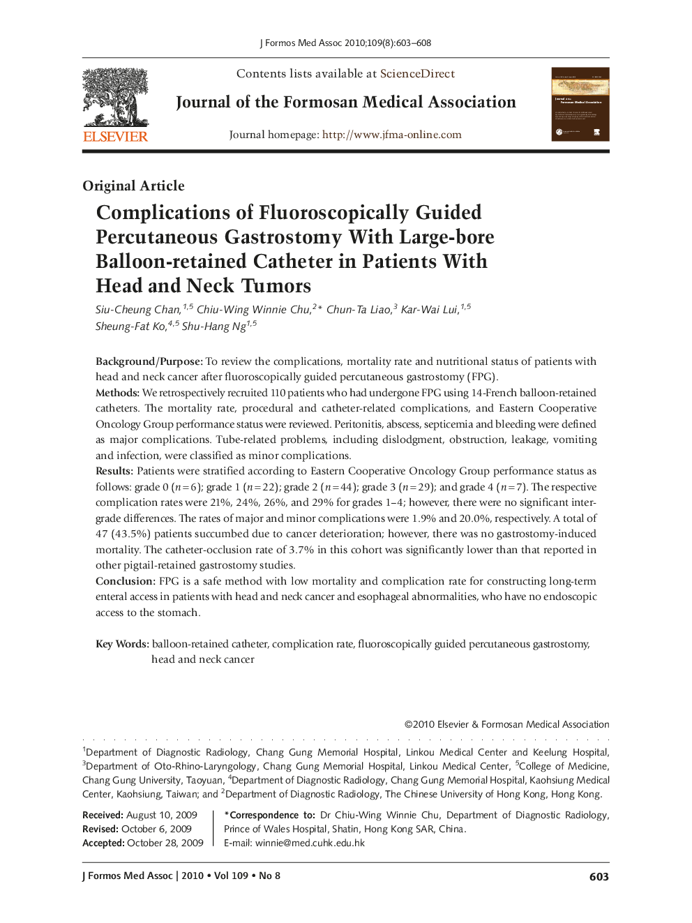 Complications of Fluoroscopically Guided Percutaneous Gastrostomy With Large-bore Balloon-retained Catheter in Patients With Head and Neck Tumors