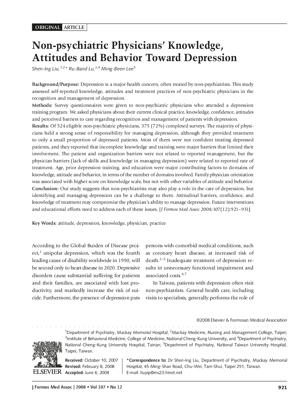 Non-psychiatric Physicians' Knowledge, Attitudes and Behavior Toward Depression