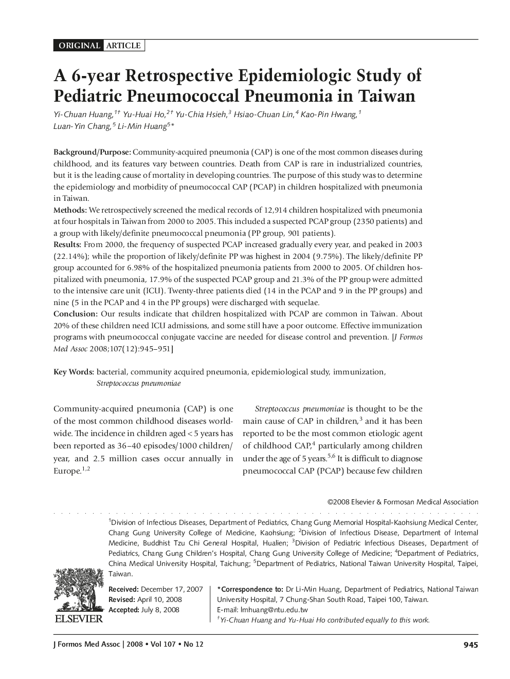 A 6-year Retrospective Epidemiologic Study of Pediatric Pneumococcal Pneumonia in Taiwan