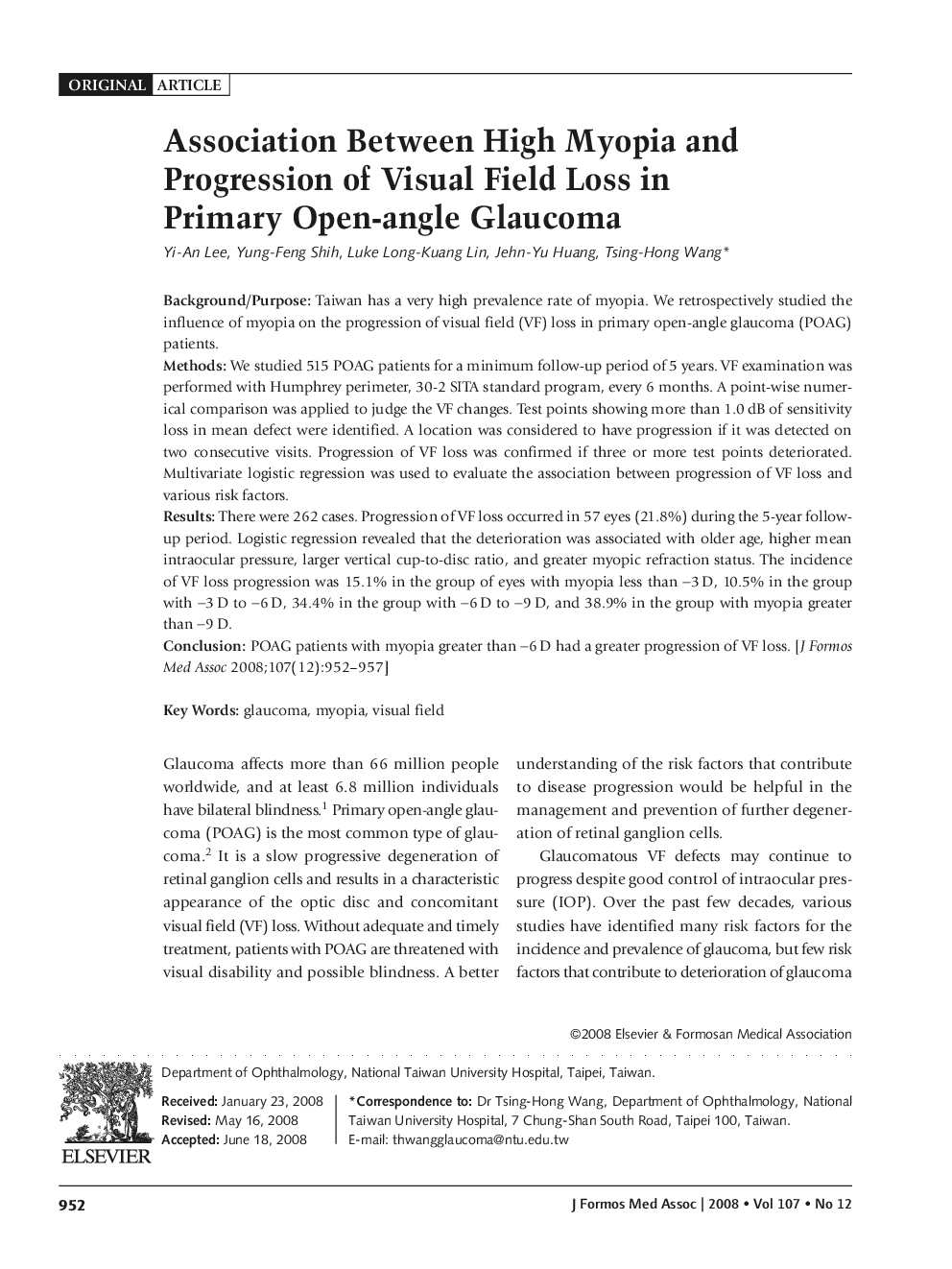Association Between High Myopia and Progression of Visual Field Loss in Primary Open-angle Glaucoma