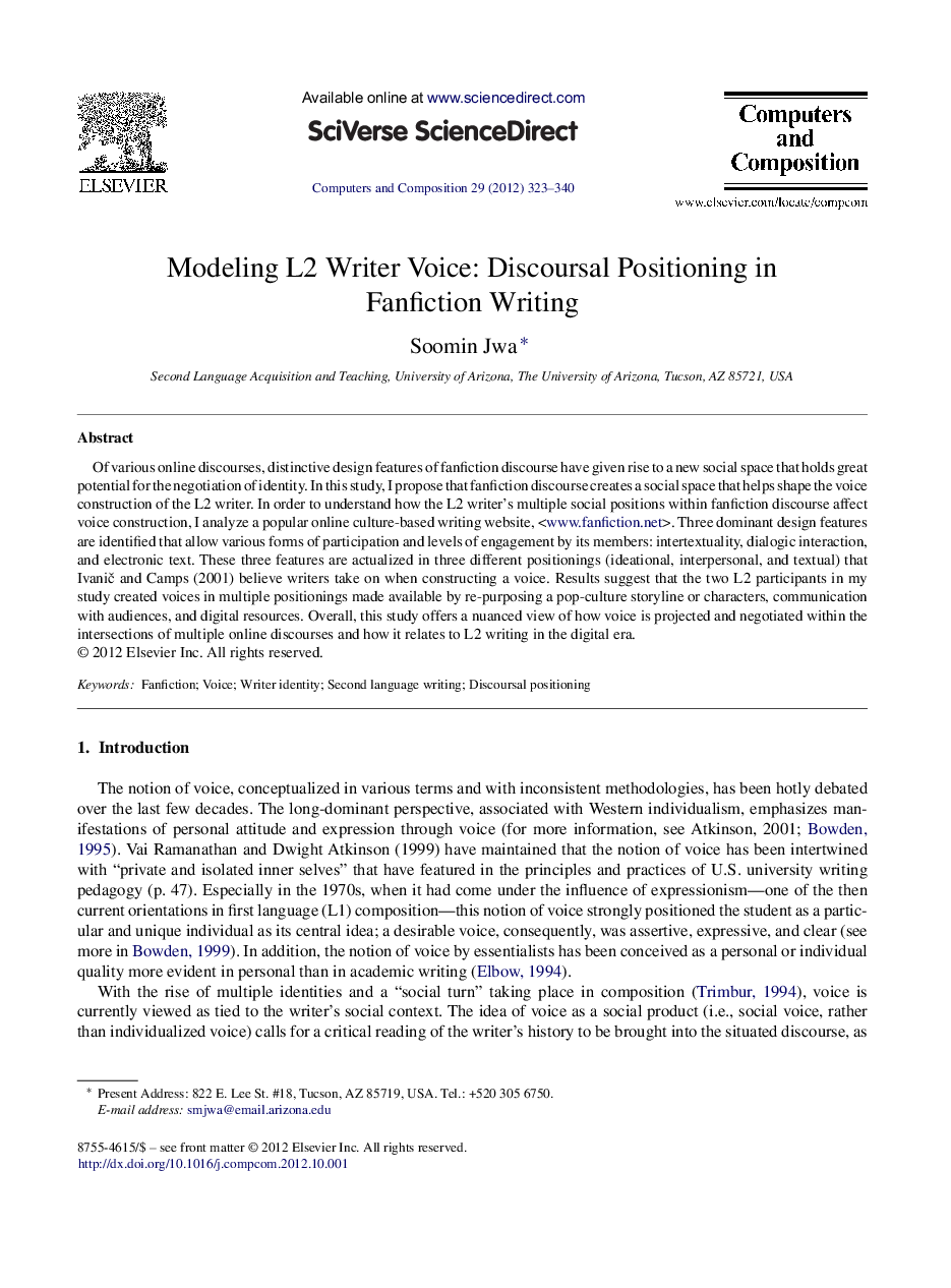 Modeling L2 Writer Voice: Discoursal Positioning in Fanfiction Writing