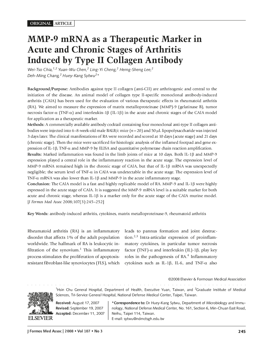 عکس صفحه اول مقاله: MMP-9 mRNA as a Therapeutic Marker in Acute and Chronic Stages of Arthritis Induced by Type II Collagen Antibody MMP-9 mRNA as a Therapeutic Marker in Acute and Chronic Stages of Arthritis Induced by Type II Collagen Antibody