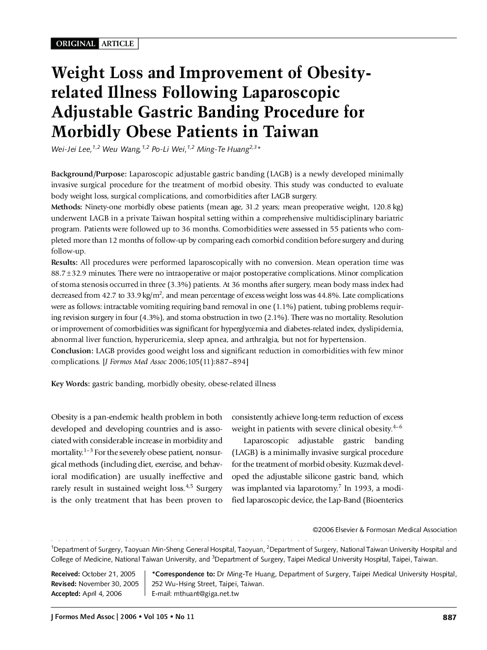 Weight Loss and Improvement of Obesity-related Illness Following Laparoscopic Adjustable Gastric Banding Procedure for Morbidly Obese Patients in Taiwan