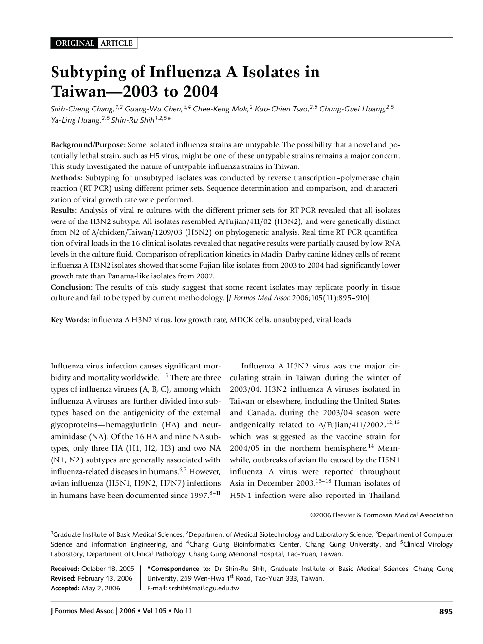 Subtyping of Influenza A Isolates in Taiwan—2003 to 2004