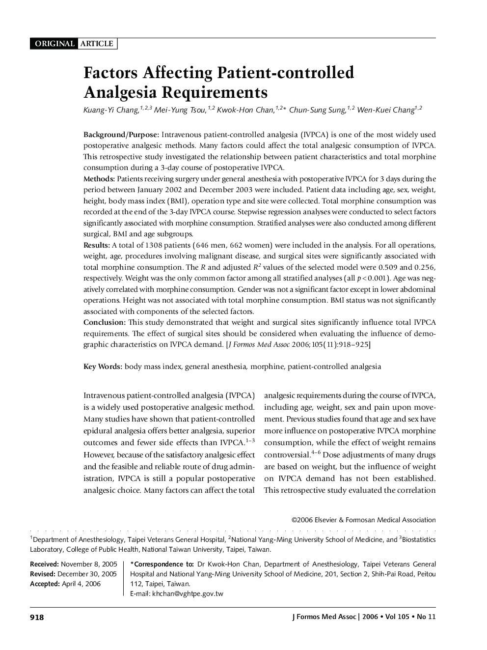 Factors Affecting Patient-controlled Analgesia Requirements