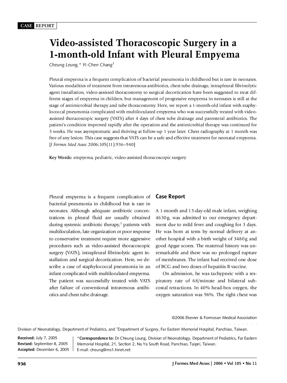 Video-assisted Thoracoscopic Surgery in a 1-month-old Infant with Pleural Empyema