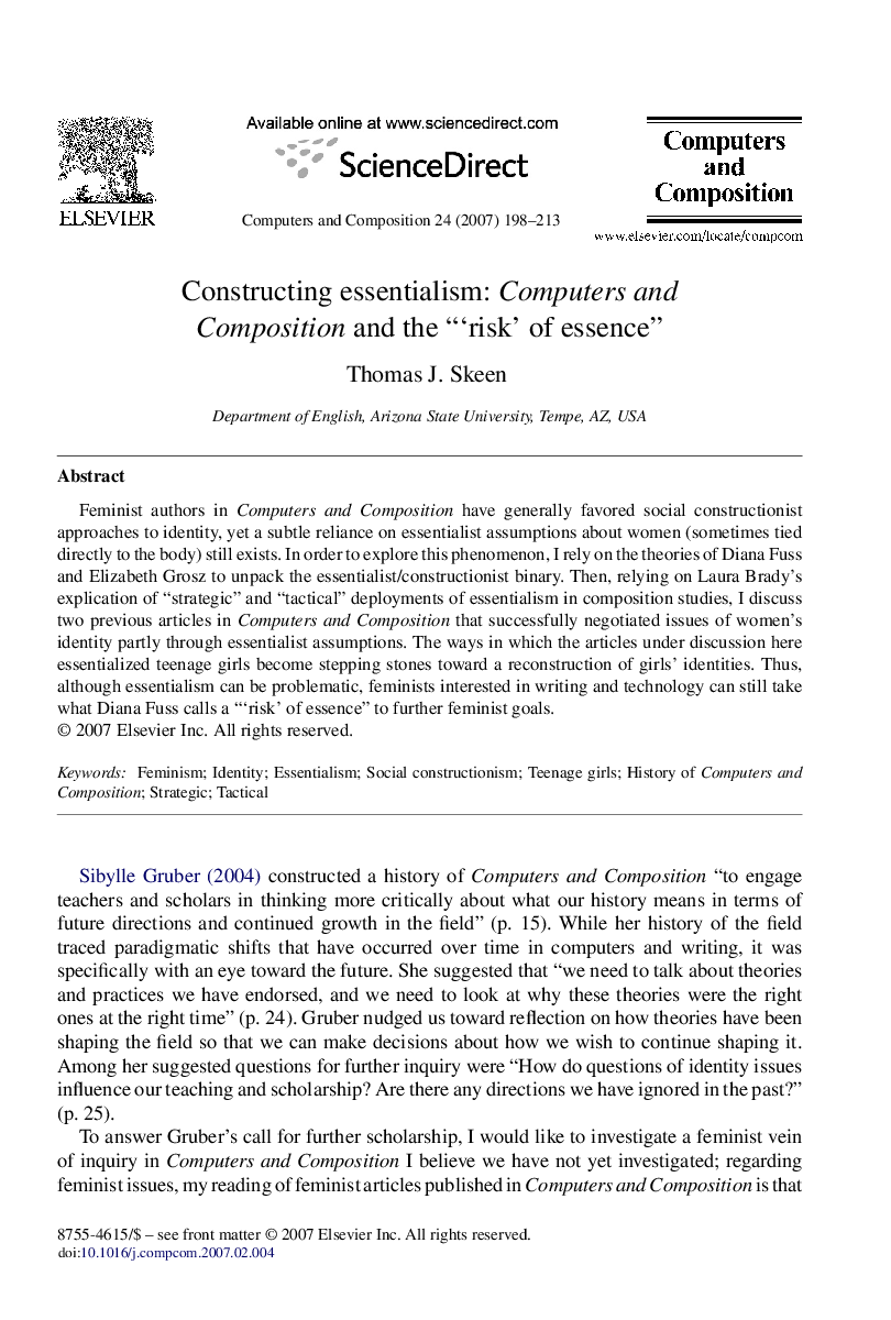 Constructing essentialism: Computers and Composition and the “‘risk’ of essence”