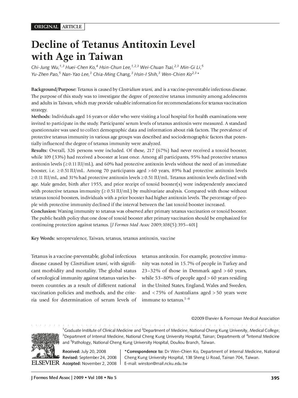 Decline of Tetanus Antitoxin Level with Age in Taiwan