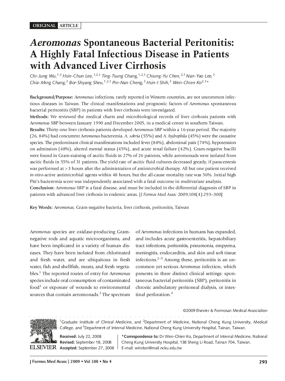 Aeromonas Spontaneous Bacterial Peritonitis: A Highly Fatal Infectious Disease in Patients with Advanced Liver Cirrhosis