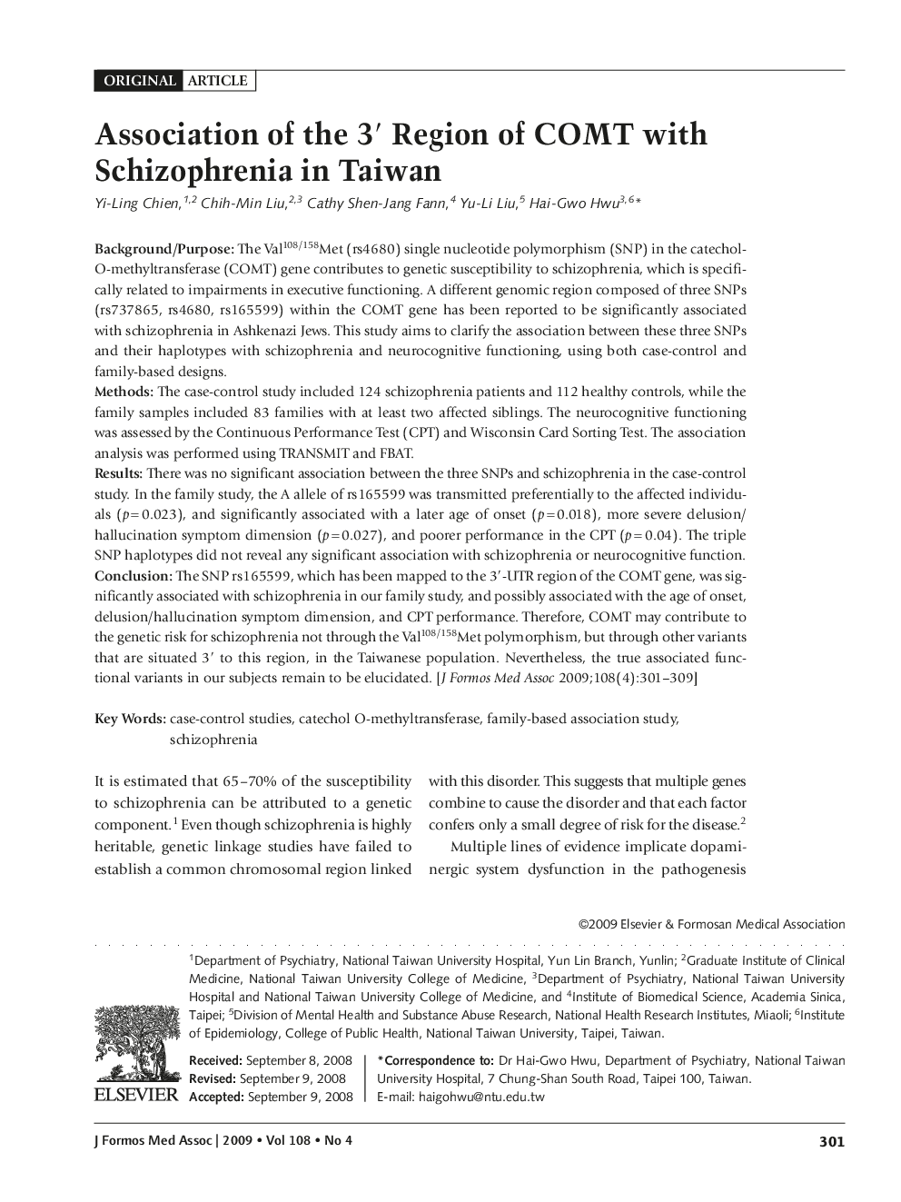 Association of the 3′ Region of COMT with Schizophrenia in Taiwan