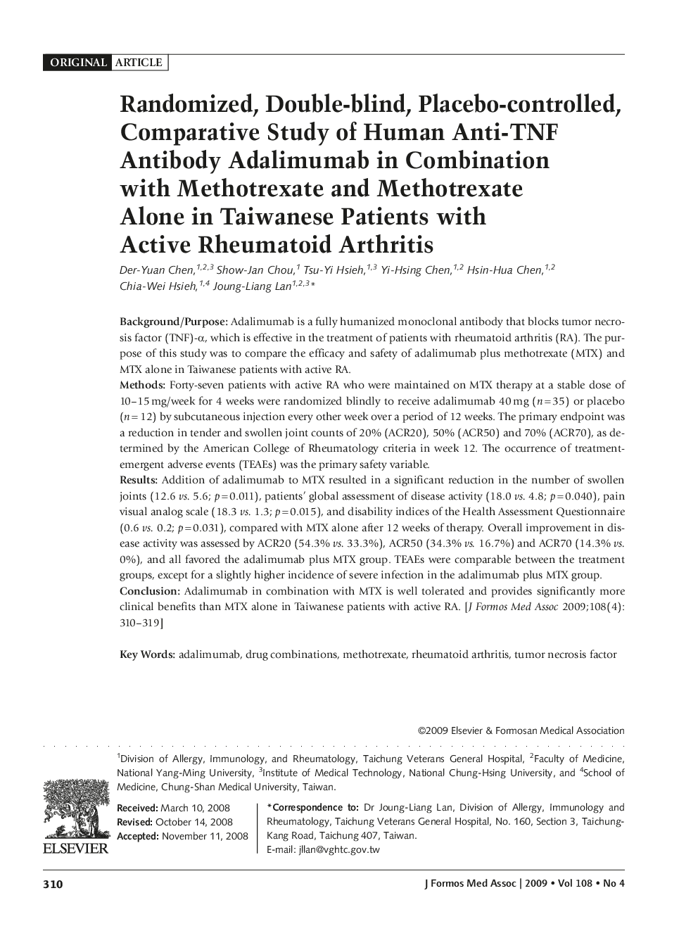 Randomized, Double-blind, Placebo-controlled, Comparative Study of Human Anti-TNF Antibody Adalimumab in Combination with Methotrexate and Methotrexate Alone in Taiwanese Patients with Active Rheumatoid Arthritis