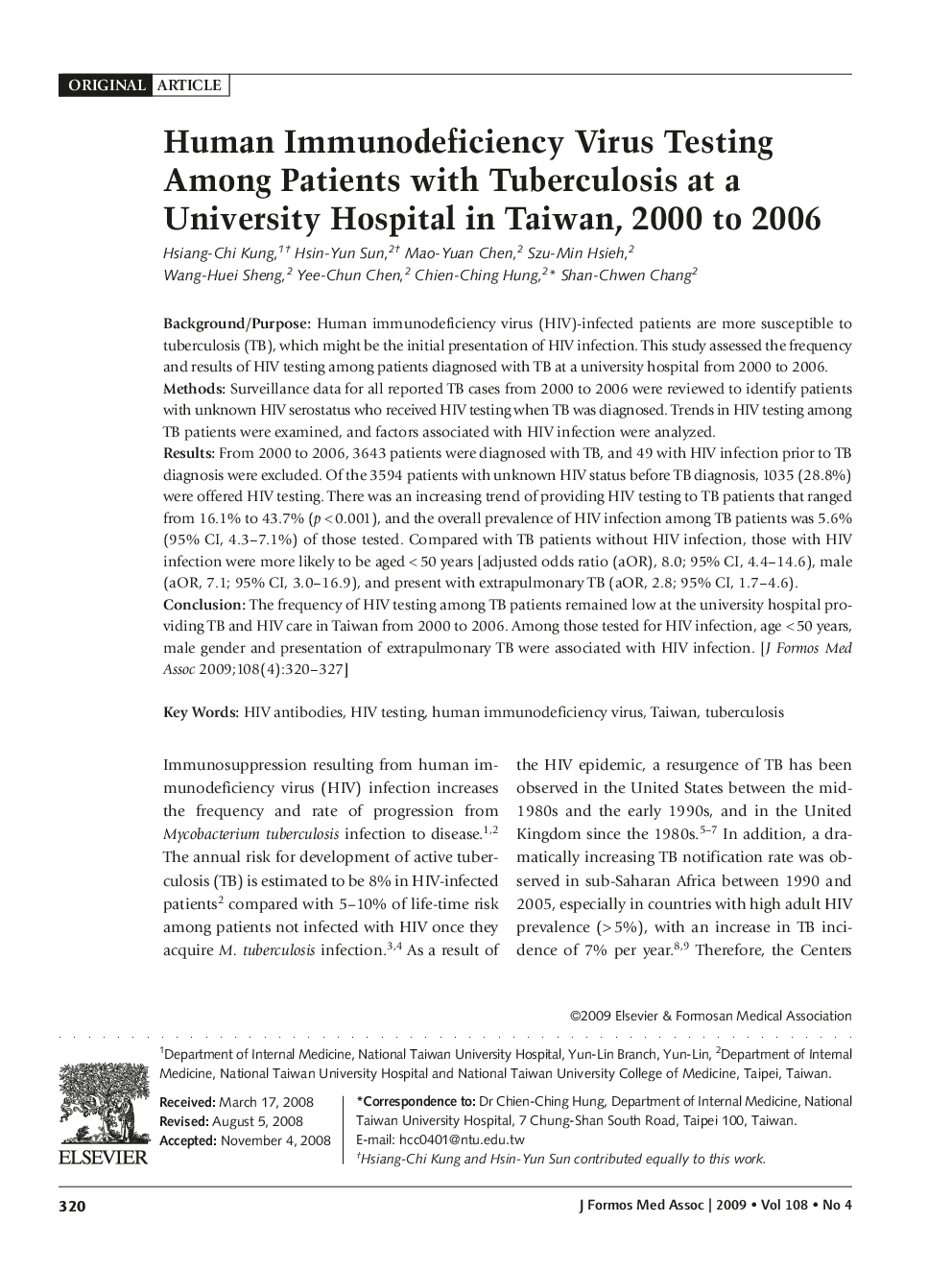 Human Immunodeficiency Virus Testing Among Patients with Tuberculosis at a University Hospital in Taiwan, 2000 to 2006