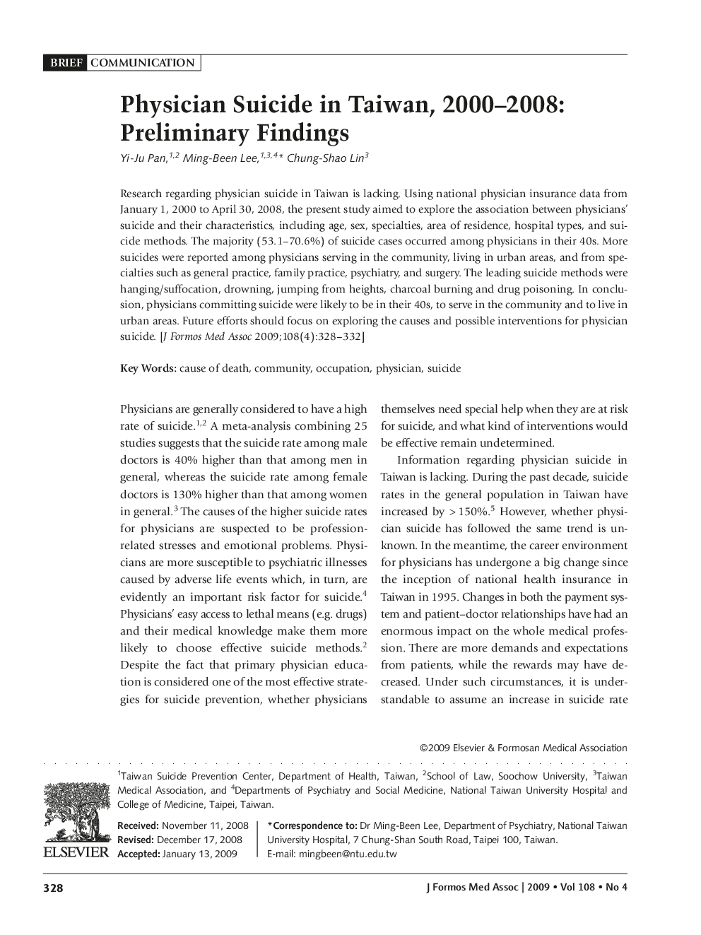 Physician Suicide in Taiwan, 2000–2008: Preliminary Findings