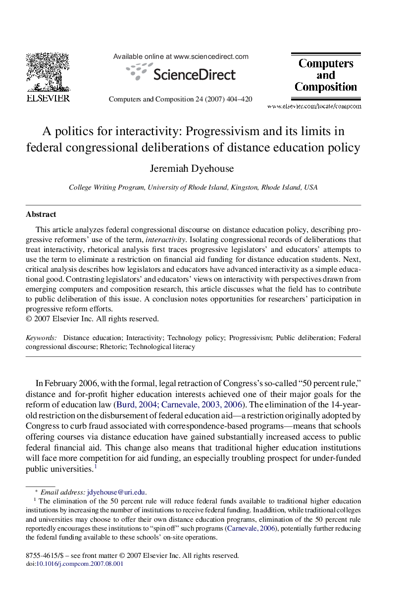 A politics for interactivity: Progressivism and its limits in federal congressional deliberations of distance education policy