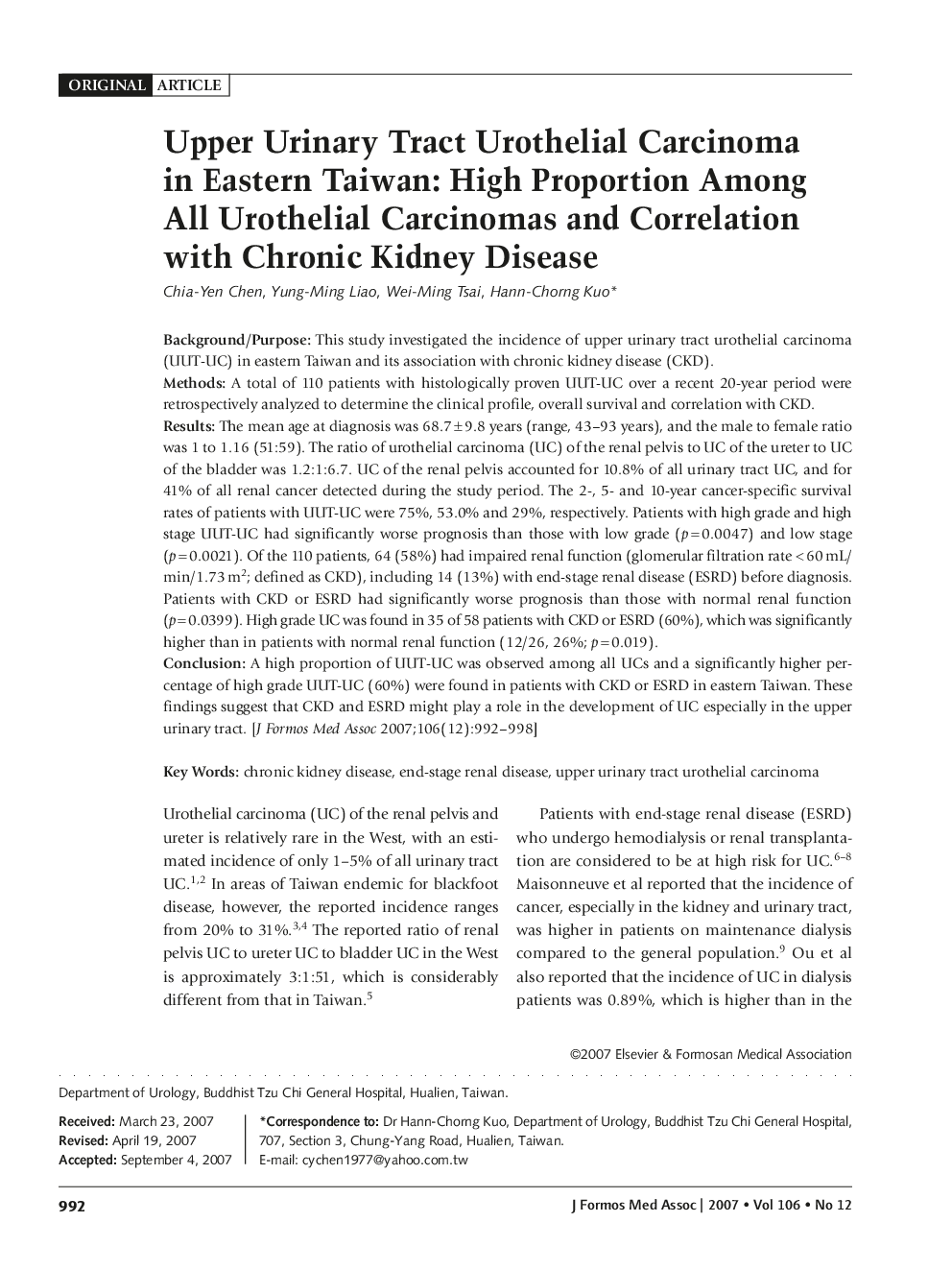 Upper Urinary Tract Urothelial Carcinoma in Eastern Taiwan: High Proportion Among All Urothelial Carcinomas and Correlation with Chronic Kidney Disease
