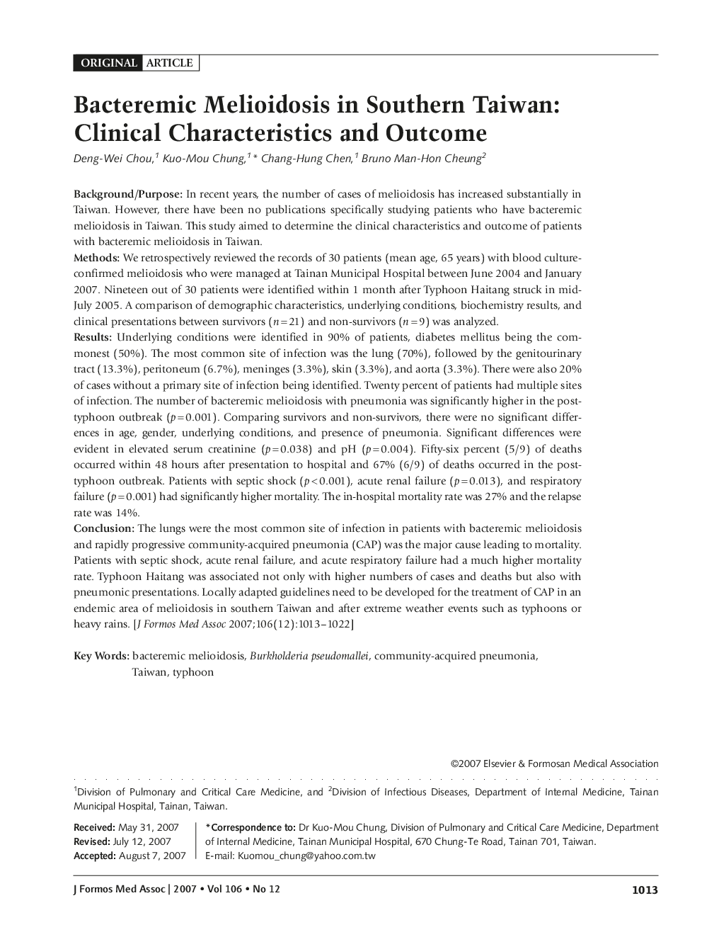 Bacteremic Melioidosis in Southern Taiwan: Clinical Characteristics and Outcome